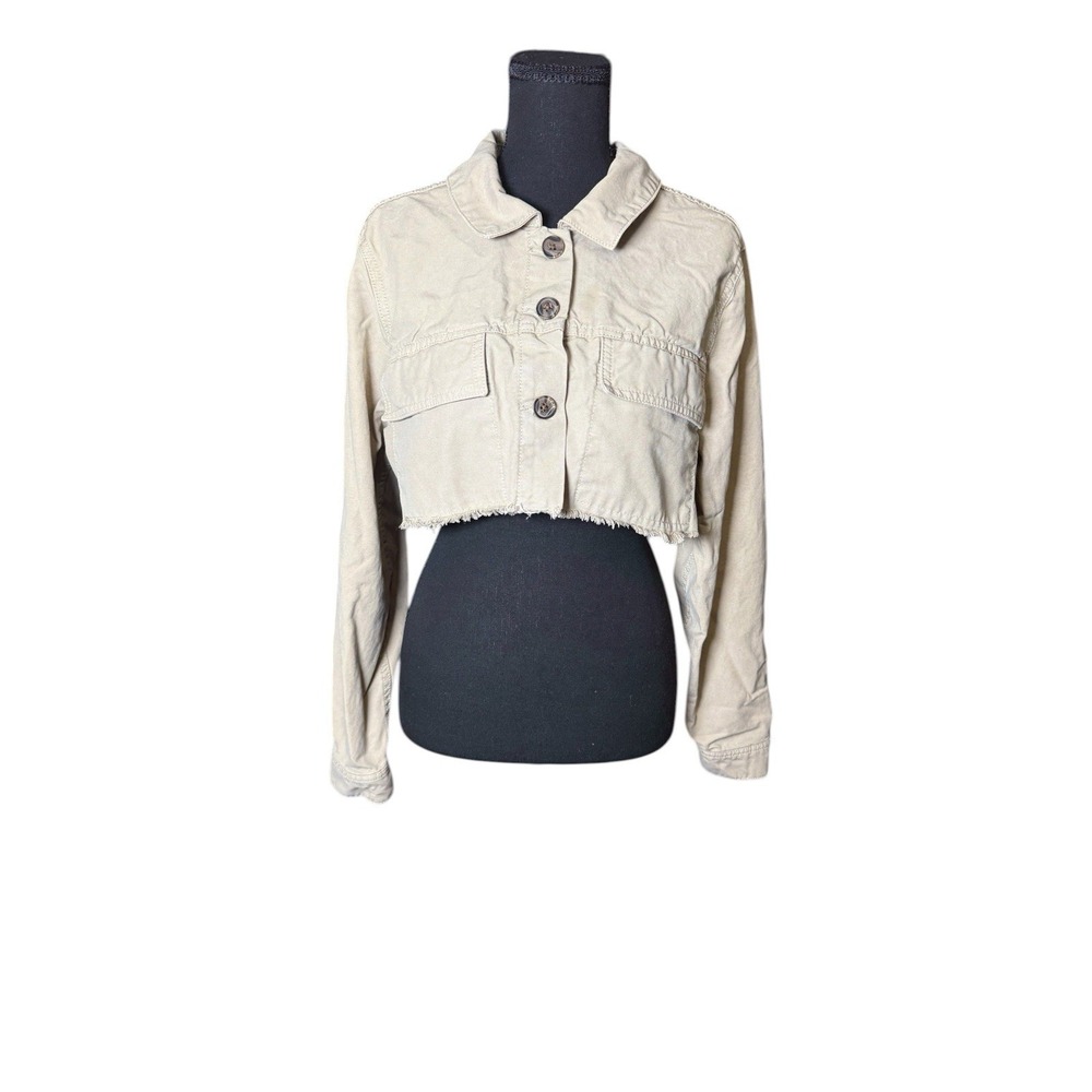 Lucky Brand Cropped Utility Jacket Womens Large Tan Excellent Raw Hem Cotton